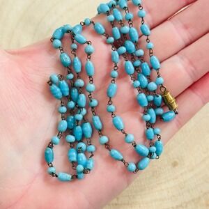 Flapper Art deco Glass Necklace VTG Venetian Murano long wired aqua Blue 36"L